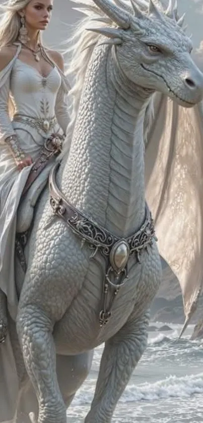 White dragon with a rider by the ocean in fantasy art.