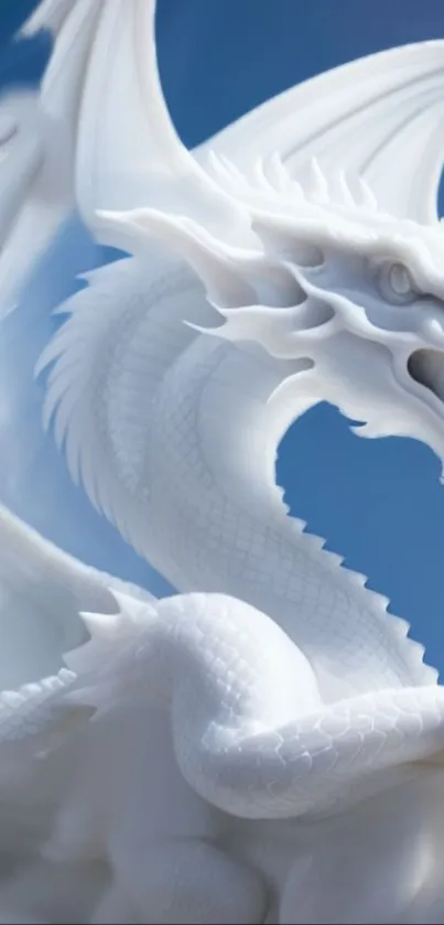 Majestic white dragon with blue sky background.