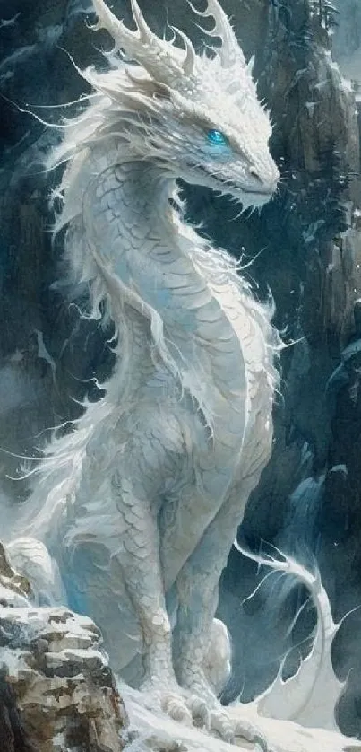 Majestic white dragon in mountain landscape.