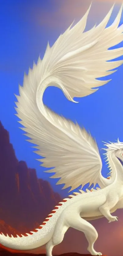 Majestic white dragon with wings against mountain backdrop.