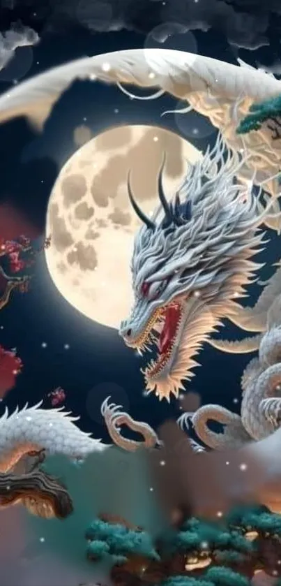 Majestic white dragon encircles a glowing moon in a fantasy night scene.