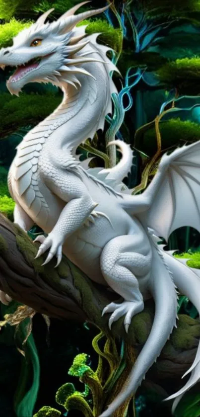 Majestic white dragon on a tree with lush green background.