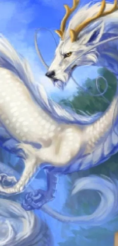 Majestic white dragon soaring in a vibrant blue sky with lush mountains.