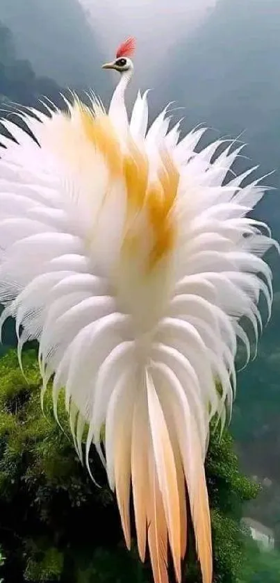 Mystical bird with white feathers against a green forest background.