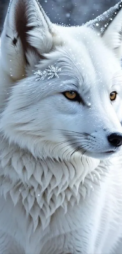 Majestic white fox in a snowy forest setting.