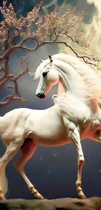 Majestic white horse standing in moonlight with blooming branches.