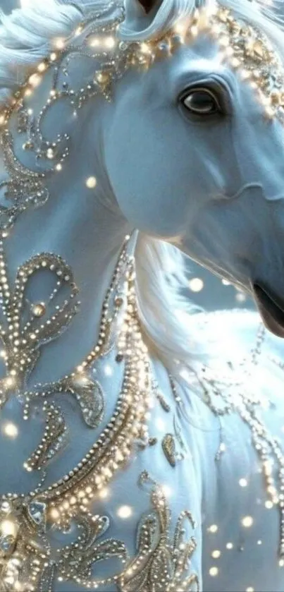 Majestic white horse with sparkling decorations.