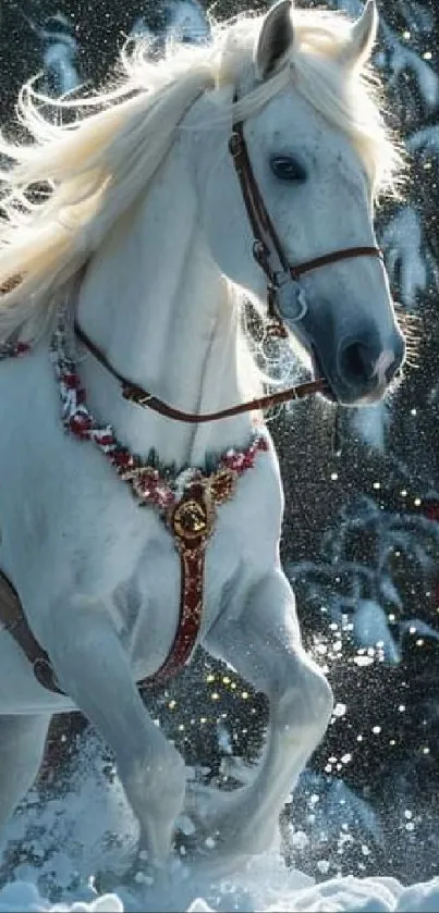 Majestic white horse galloping in snow with floral decorations, mobile wallpaper.