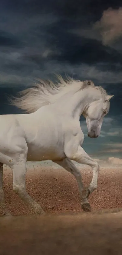 Majestic white horse galloping under dramatic dark blue sky.