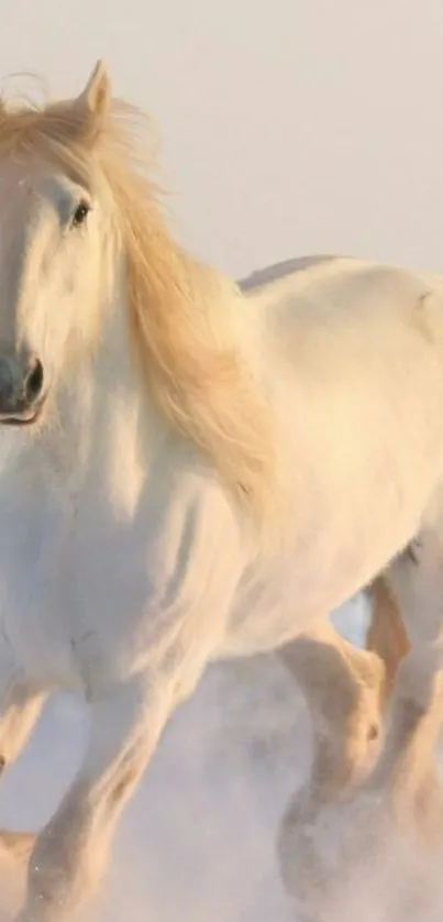 Majestic white horse galloping in snow.