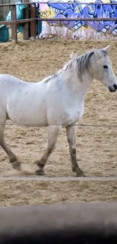 White horse in sandy paddock mobile wallpaper.