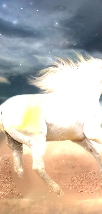 White horse running on a sandy terrain under a starry night sky.