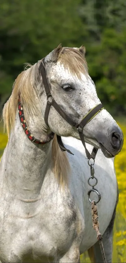 Majestic white horse standing in a lush green field with vibrant yellow flowers.