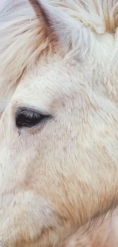 Close-up of a white horse with a soft, serene expression.