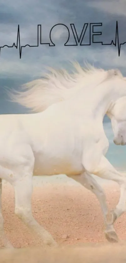 White horse galloping with heartbeat love motif on serene beach.
