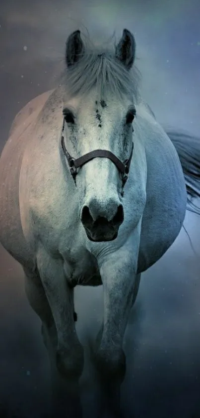 Majestic white horse running at twilight.