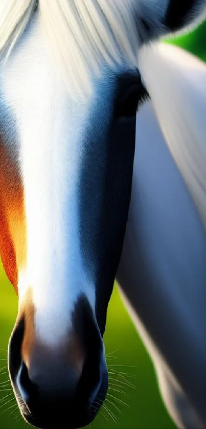 A majestic white horse with a vibrant green background.