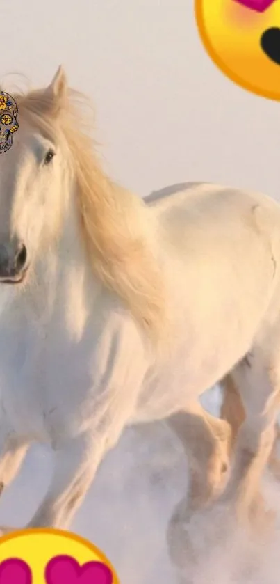 White horse with vibrant emoji accents on a light background.