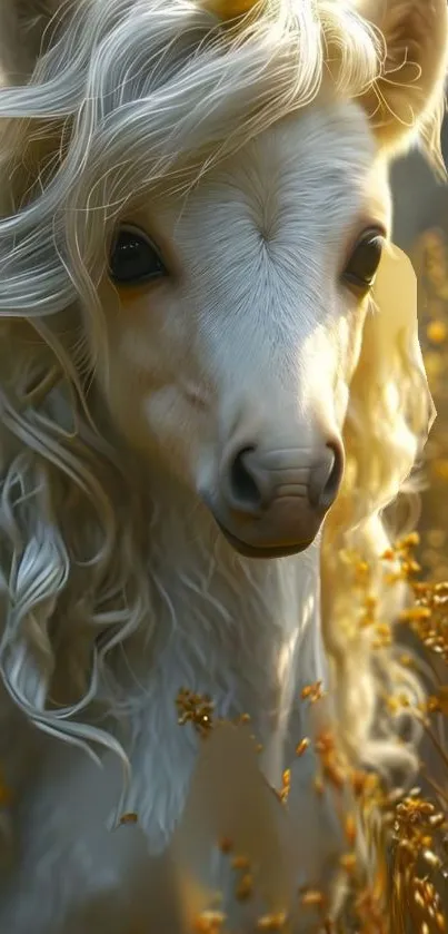 Elegant white horse with golden flowers background.