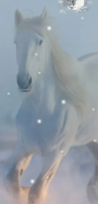 White horse galloping through a snowy landscape.