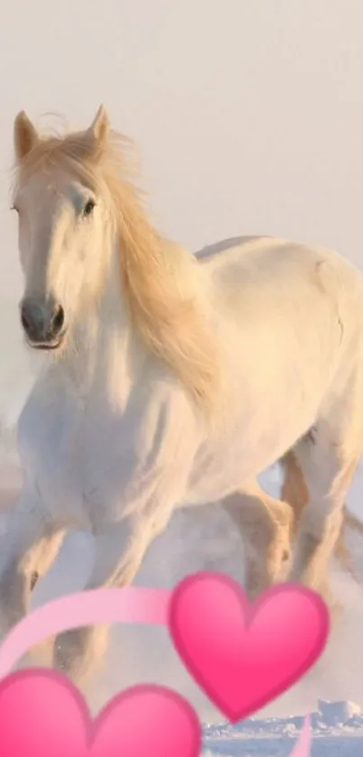 White horse galloping in snow with pink hearts.