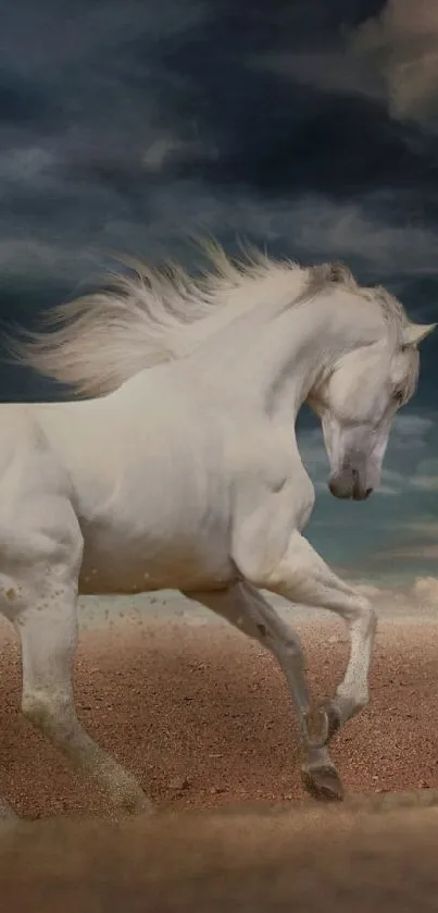 White horse running in a dramatic desert landscape wallpaper.