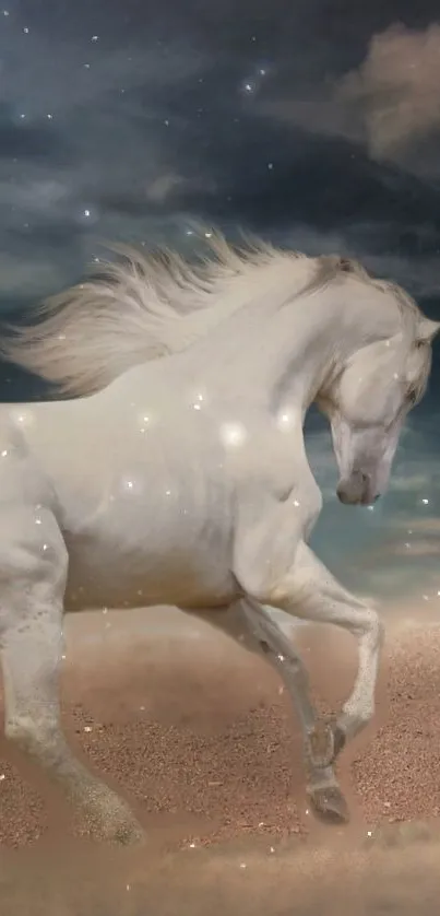 White horse galloping on sand against a starlit night sky.