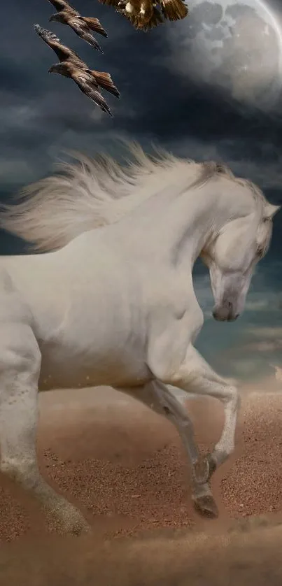 White horse galloping under moonlit sky with birds in the desert.