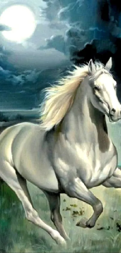 Majestic white horse galloping under a moonlit sky on mobile wallpaper.