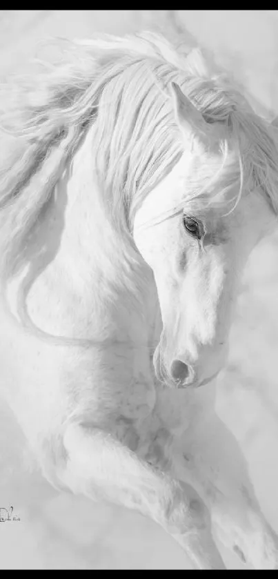 Majestic white horse in motion, black and white wallpaper.