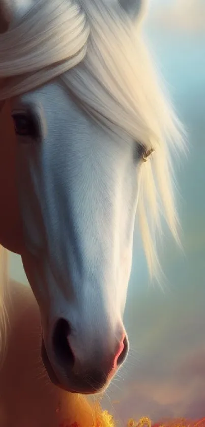 Majestic white horse with flowing mane at sunset.
