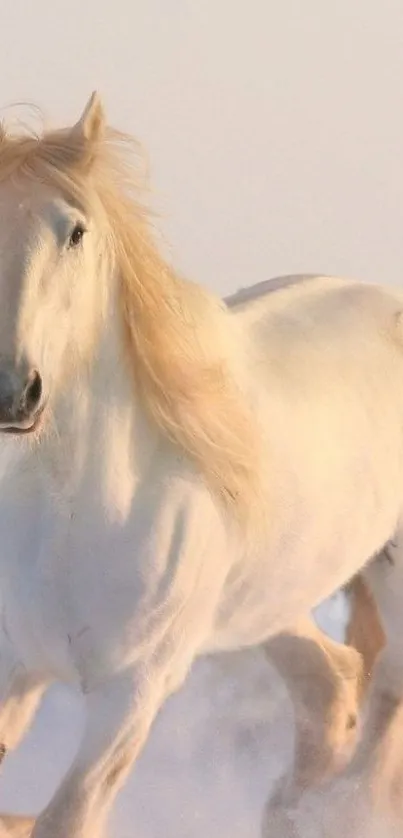 Majestic white horse running in the snow.