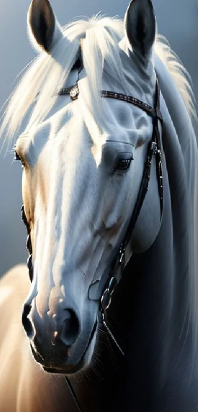 Majestic white horse with a serene background.