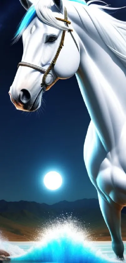 Majestic white horse by moonlit sea, glowing night sky.