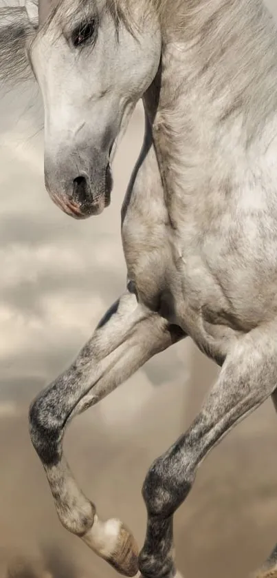 Majestic white horse in elegant pose with light gray background.