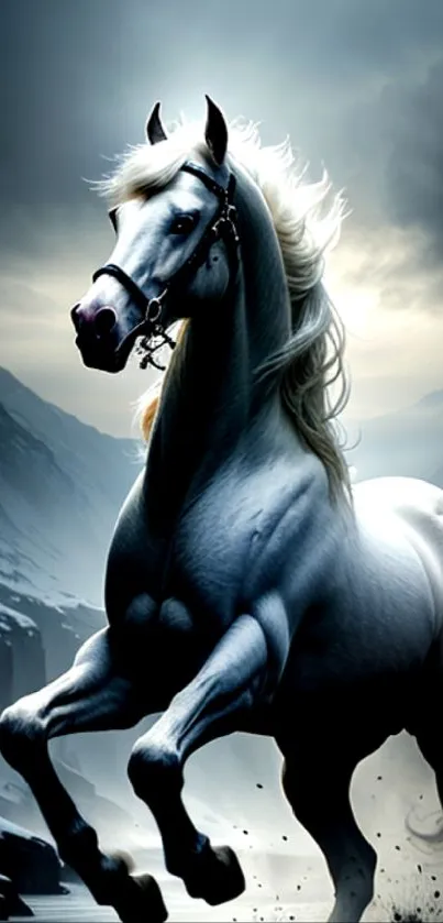 Majestic white horse gallops in a dramatic mountain landscape.