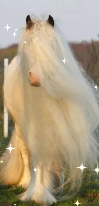 Majestic white horse with long mane in nature.