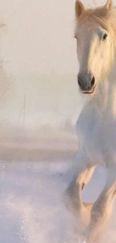 Majestic white horse galloping in snow.