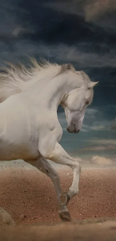 Majestic white horse galloping under a dramatic dark sky.