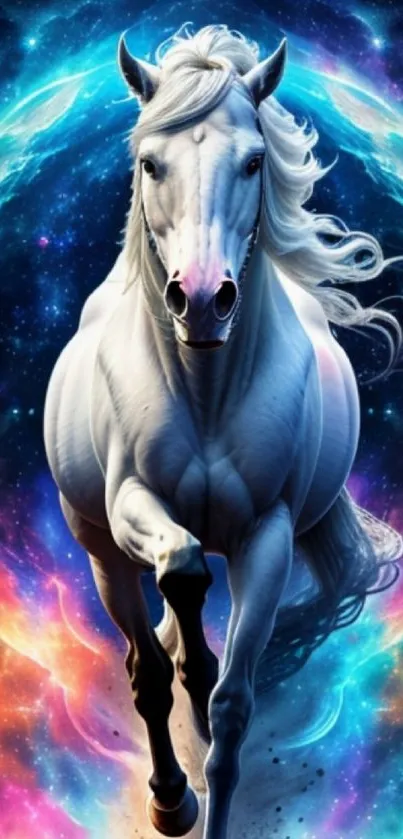 Fantasy white horse galloping through cosmic space.