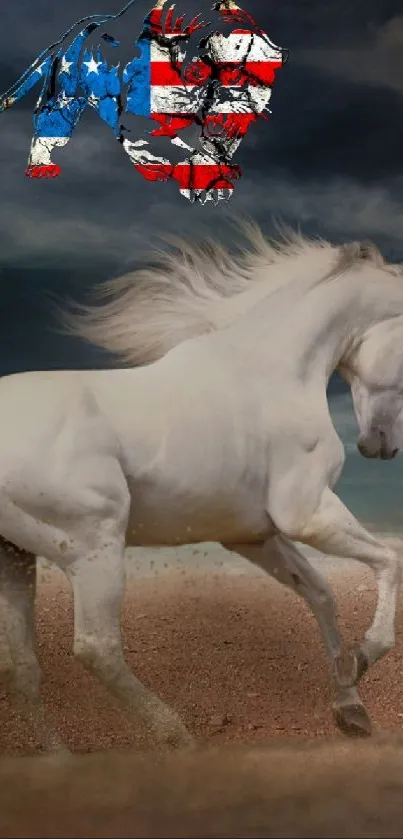 Majestic white horse running under a dramatic stormy sky.