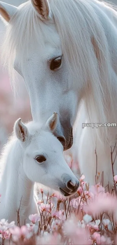 White horse and foal in pink blossoms.