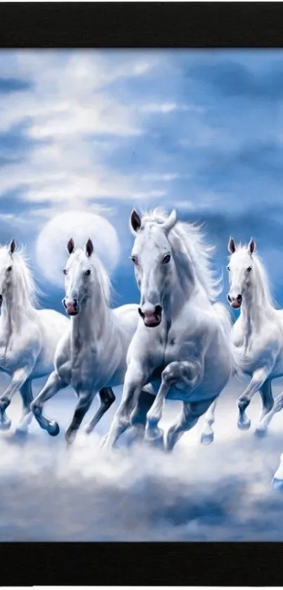 White horses galloping in a misty, blue sky scene.