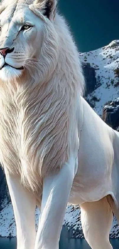 Majestic white lion in snowy mountain scenery, perfect for wallpaper.