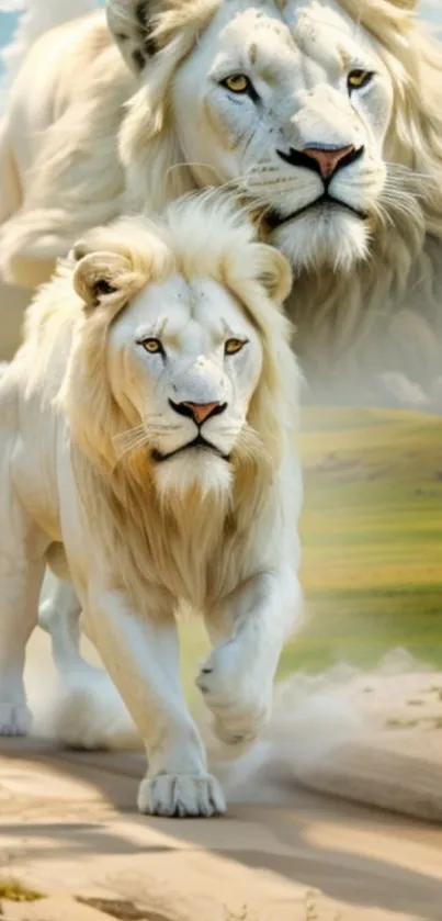 Majestic white lion mobile wallpaper with nature background.