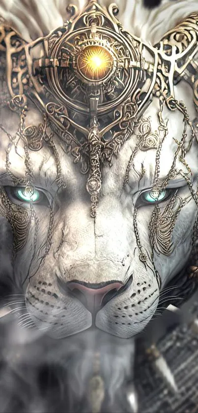 Majestic white lion in steampunk art style with glowing eyes.