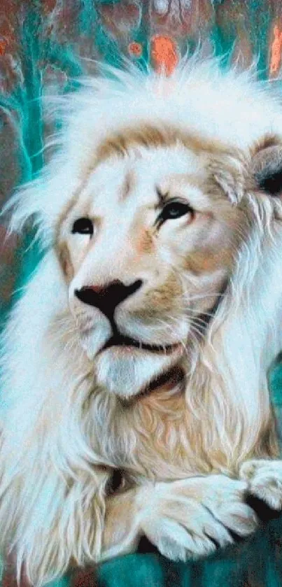 Majestic white lion against a teal background.