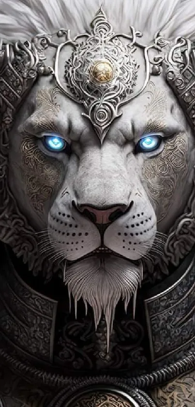 Majestic white lion with silver armor and blue eyes in fantasy artwork.