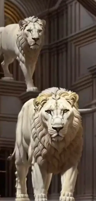 Wallpaper of majestic white lions in a classical setting with intricate details.