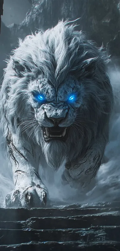 Fantasy artwork depicting a majestic white lion with glowing blue eyes.